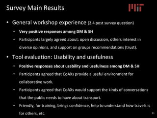 Survey Main Results
• General workshop experience (2.4 post survey question)
• Very positive responses among DM & SH
• Par...