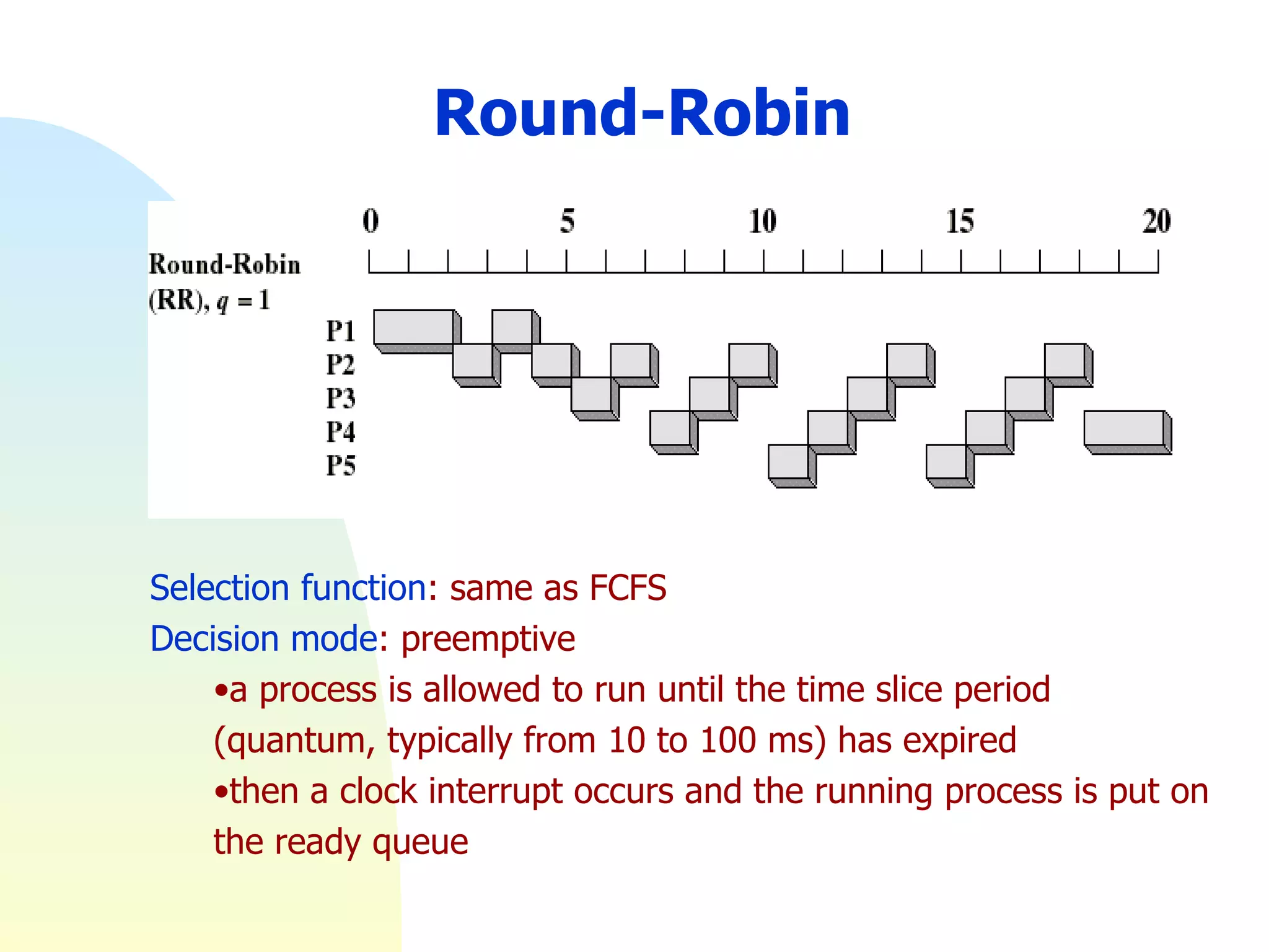 Selection function : same as FCFS Decision mode : preemptive a process is allowed to run until the time slice period (quantum, typically from 10 to 100 ms) has expired then a clock interrupt occurs and the running process is put on the ready queue  Round-Robin 