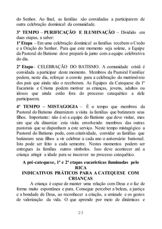 23
do Senhor. Ao final, as famílias são convidadas a participarem de
outra celebração dominical da comunidade.
3º TEMPO – PURIFICAÇÃO E ILUMINAÇÃO – Dividido em
duas etapas, a saber:
1ª Etapa – Em uma celebração dominical as famílias recebem o Credo
e a Oração do Senhor. Para que este momento seja solene, a Equipe
da Pastoral do Batismo deve prepará-la junto com a equipe celebrativa
do dia.
2ª Etapa– CELEBRAÇÃO DO BATISMO. A comunidade cristã é
convidada a participar deste momento. Membros da Pastoral Familiar
podem, neste dia, reforçar o convite para a celebração do matrimônio
dos pais que ainda não o receberam. As Equipes da Catequese da 1ª
Eucaristia e Crisma podem motivar as crianças, jovens, adultos ou
idosos que ainda estão fora do processo catequético a dele
participarem.
4º TEMPO – MISTAGOGIA – É o tempo que membros da
Pastoral do Batismo dinamizam a visita às famílias que batizaram seus
filhos. Importante: não é só a equipe do Batismo que deve visitar, mas
sim que ela dinamize esta visita envolvendo membros das outras
pastorais que se disponham a este serviço. Neste tempo mistagógico a
Pastoral do Batismo pode, com criatividade, convidar as famílias que
batizaram seus filhos a vir celebrar a cada ano o aniversário batismal.
Isto pode ser feito a cada semestre. Nestes momentos podem ser
entregues às famílias outros símbolos. Isso deve acontecer até a
criança atingir a idade para se inscrever no processo catequético.
A pré-catequese, 1ª e 2ª etapas eucarísticas iluminadas pelo
RICA
INDICATIVOS PRÁTICOS PARA A CATEQUESE COM
CRIANÇAS
A criança é capaz de manter uma relação com Deus e o faz de
forma muito espontânea e pura. Consegue perceber a beleza, a justiça
e a bondade de Deus, ao reconhecer a criação, a amizade e os gestos
de valorização da vida. O que aprende por meio de dinâmicas e
 