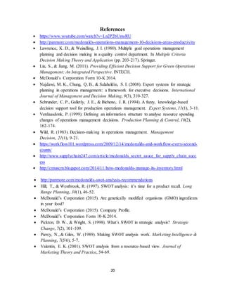 20
References
 https://www.youtube.com/watch?v=Ln2P2bUmsRU
 http://panmore.com/mcdonalds-operations-management-10-decisions-areas-productivity
 Lawrence, K. D., & Weindling, J. I. (1980). Multiple goal operations management
planning and decision making in a quality control department. In Multiple Criteria
Decision Making Theory and Application (pp. 203-217). Springer.
 Liu, S., & Jiang, M. (2011). Providing Efficient Decision Support for Green Operations
Management: An Integrated Perspective. INTECH.
 McDonald’s Corporation Form 10-K 2014.
 Najdawi, M. K., Chung, Q. B., & Salaheldin, S. I. (2008). Expert systems for strategic
planning in operations management: a framework for executive decisions. International
Journal of Management and Decision Making, 9(3), 310-327.
 Schrunder, C. P., Galletly, J. E., & Bicheno, J. R. (1994). A fuzzy, knowledge‐based
decision support tool for production operations management. Expert Systems, 11(1), 3-11.
 Verdaasdonk, P. (1999). Defining an information structure to analyse resource spending
changes of operations management decisions. Production Planning & Control, 10(2),
162-174.
 Wild, R. (1983). Decision-making in operations management. Management
Decision, 21(1), 9-21.
 https://workflow101.wordpress.com/2009/12/14/mcdonalds-and-workflow-every-second-
counts/
 http://www.supplychain247.com/article/mcdonalds_secret_sauce_for_supply_chain_succ
ess
 http://cmuscm.blogspot.com/2014/11/how-mcdonalds-manage-its-inventory.html
 http://panmore.com/mcdonalds-swot-analysis-recommendations
 Hill, T., & Westbrook, R. (1997). SWOT analysis: it’s time for a product recall. Long
Range Planning, 30(1), 46-52.
 McDonald’s Corporation (2015). Are genetically modified organisms (GMO) ingredients
in your food?
 McDonald’s Corporation (2015). Company Profile.
 McDonald’s Corporation Form 10-K 2014.
 Pickton, D. W., & Wright, S. (1998). What’s SWOT in strategic analysis? Strategic
Change, 7(2), 101-109.
 Piercy, N., & Giles, W. (1989). Making SWOT analysis work. Marketing Intelligence &
Planning, 7(5/6), 5-7.
 Valentin, E. K. (2001). SWOT analysis from a resource-based view. Journal of
Marketing Theory and Practice, 54-69.
 
