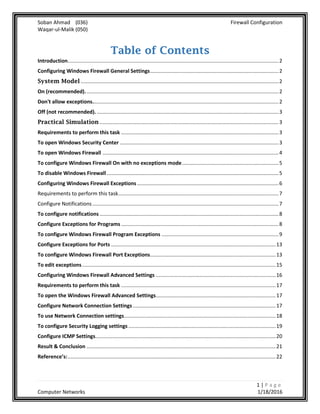 Soban Ahmad (036) Firewall Configuration
Waqar-ul-Malik (050)
1 | P a g e
Computer Networks 1/18/2016
Table of Contents
Introduction..................................................................................................................................................2
Configuring Windows Firewall General Settings.........................................................................................2
System Model .........................................................................................................................................2
On (recommended)......................................................................................................................................2
Don't allow exceptions.................................................................................................................................2
Off (not recommended)...............................................................................................................................3
Practical Simulation ............................................................................................................................3
Requirements to perform this task .............................................................................................................3
To open Windows Security Center ..............................................................................................................3
To open Windows Firewall ..........................................................................................................................4
To configure Windows Firewall On with no exceptions mode...................................................................5
To disable Windows Firewall .......................................................................................................................5
Configuring Windows Firewall Exceptions ..................................................................................................6
Requirements to perform this task...............................................................................................................7
Configure Notifications.................................................................................................................................7
To configure notifications ............................................................................................................................8
Configure Exceptions for Programs .............................................................................................................8
To configure Windows Firewall Program Exceptions .................................................................................9
Configure Exceptions for Ports ..................................................................................................................13
To configure Windows Firewall Port Exceptions.......................................................................................13
To edit exceptions......................................................................................................................................15
Configuring Windows Firewall Advanced Settings ...................................................................................16
Requirements to perform this task ...........................................................................................................17
To open the Windows Firewall Advanced Settings...................................................................................17
Configure Network Connection Settings...................................................................................................17
To use Network Connection settings.........................................................................................................18
To configure Security Logging settings ......................................................................................................19
Configure ICMP Settings.............................................................................................................................20
Result & Conclusion ...................................................................................................................................21
Reference’s:................................................................................................................................................22
 
