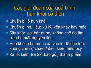 Các giai đoạn của quá trình  hun khói cổ điển Chuẩn bị lò hun khói Chuẩn bị ng. liệu: xử lý, xếp khay hay móc Sấy khô: loại bớt nước, khống chế độ ẩm trên bề mặt nguyên liệu Hun khói: cho mùn cưa vào lò để dập lửa, khống chế sự cháy ở điều kiện thiếu oxy Ra lò, kiểm tra SP, bao gói, thành phẩm. 