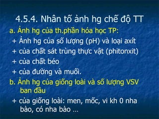 4.5.4. Nhân tố ảnh hg chế độ TT a. Ảnh hg của th.phần hóa học TP: + Ảnh hg của số lượng (pH) và loại axít + của chất sát trùng thực vật (phitonxit) + của chất béo + của đường và muối. b. Ảnh hg của giống loài và số lượng VSV ban đầu + của giống loài: men, mốc, vi kh 0 nha bào, có nha bào … 