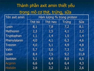 Thành phần axit amin thiết yếu  trong mô cơ thịt, trứng, sữa   Tên axit amin Hàm lượng % trong protein Thịt bò Thịt heo Trứng Sữa Lysin Methionin Tryptophan Phenylalanin Treonin Valin Lơsin Isolơsin Acginin Histidin 8,1 2,3 1,1 4,0 4,0 5,7 8,4 5,1 6,6 2,9 7,8 2,5 1,4 4,1 5,1 5,0 7,5 4,9 6,4 3,2 7,2 4,1 1,5 6,3 4,9 7,3 9,2 8,0 6,4 2,1 8,1 2,2 1,4 4,6 4,8 6,2 11,8 6,5 4,3 2,6 