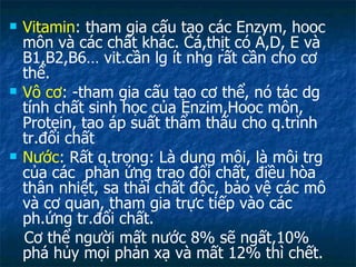 Vitamin : tham gia cấu tạo các Enzym, hooc môn và các chất khác. Cá,thịt có A,D, E và  B1,B2,B6… vit.cần lg ít nhg rất cần cho cơ thể. Vô cơ : -tham gia cấu tạo cơ thể, nó tác dg tính chất sinh học của Enzim,Hooc môn, Protein, tao áp suất thẩm thấu cho q.trình tr.đổi chất Nước : Rất q.trọng: Là dung môi, là môi trg của các  phản ứng trao đổi chất, điều hòa thân nhiệt, sa thải chất độc, bảo vệ các mô và cơ quan, tham gia trực tiếp vào các ph.ứng tr.đổi chất. Cơ thể người mất nước 8% sẽ ngất,10% phá hủy mọi phản xạ và mất 12% thì chết. 
