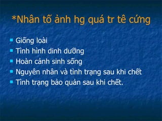 *Nhân tố ảnh hg quá tr tê cứng Giống loài Tình hình dinh dưỡng Hoàn cảnh sinh sống Nguyên nhân và tình trạng sau khi chết Tình trạng bảo quản sau khi chết. 
