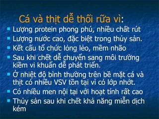 Cá và thịt dễ thối rữa vì : Lượng protein phong phú, nhiều chất rút Lượng nước cao, đặc biệt trong thủy sản. Kết cấu tổ chức lỏng lẻo, mềm nhão Sau khi chết dễ chuyển sang môi trường kiềm vi khuẩn dễ phát triển. Ở nhiệt độ bình thường trên bề mặt cá và thịt có nhiều VSV tồn tại vì có lớp nhớt. Có nhiều men nội tại với hoạt tính rất cao Thủy sản sau khi chết khả năng miễn dịch kém 