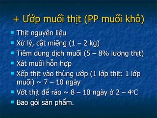 + Ướp muối thịt (PP muối khô) Thịt nguyên liệu Xử lý, cắt miếng (1 – 2 kg) Tiêm dung dịch muối (5 – 8% lượng thịt) Xát muối hỗn hợp Xếp thịt vào thùng ướp (1 lớp thịt: 1 lớp muối)  ~ 7 – 10 ngày Vớt thịt để ráo ~ 8 – 10 ngày ở 2 – 4 o C Bao gói sản phẩm. 