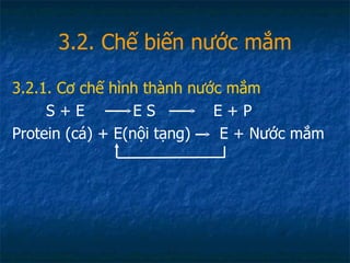 3.2. Chế biến nước mắm 3.2.1. Cơ chế hình thành nước mắm S + E  E S  E + P Protein (cá) + E(nội tạng)  E + Nước mắm 