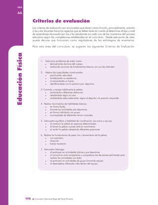 EducaciónFísica
172172
Criterios de evaluación
Los criterios de evaluación son enunciados que tienen como función, principalmente, orientar
a los y las docentes hacia los aspectos que se deben tener en cuenta al determinar el tipo y nivel
de aprendizaje alcanzado por los y las estudiantes en cada uno de los momentos del proceso
educativo según las competencias establecidas en el curriculum. Desde este punto de vista,
puede decirse que funcionan como reguladores de las estrategias de enseñanza.
Para esta área del curriculum, se sugieren los siguientes Criterios de Evaluación.
1. Soluciona problemas de orden motor
demostrando dominio del cuerpo
realizando acciones de fundamentos básicos con sus dos laterales
2. Mejora las capacidades condicionales
practicando velocidad,
fortaleciendo su resistencia,
incrementando su fuerza
identificándose con la práctica pre- deportiva
3. Controla y maneja hábilmente la pelota,
lanzándola a diferentes distancias
rebotándola según el caso
recibiéndola adecuadamente, según el deporte y la posición requerida
4. Realiza movimientos de habilidades básicas
en forma fluida,
durante las actividades pre-deportivas
en forma individual y en grupo
acompañado de diferentes ritmos musicales
5. Demuestra equilibrio y habilidad de coordinación ojo-mano y ojo-pie,
al conducir la pelota en espacios determinados
al lanzar la pelota cuando está en movimiento
al recibir la pelota adoptando diferentes posiciones
6. Realiza los fundamentos de pase, tiro y lanzamiento de la pelota,
con precisión,
dirección
fuerza necesaria
7. Demuestra liderazgo
al participar en actividades lúdicas y pre deportivas
al comunicar ante compañeros y compañeros las decisiones pertinentes para
realizar las actividades con éxito
al participar en actividades de grupo formando equipo
al desempeñar diferentes roles dentro del equipo
 