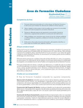 FormaciónCiudadana Área de Formación Ciudadana
¿Enqué consiste el área?
El Área de Formación Ciudadana integra dimensiones orientadas a fortalecer la participación
individual y grupal para el fortalecimiento de la democracia y la cultura de paz. Está orientada
a propiciar la ciudadanía plena, específicamente en lo que concierne a una cultura de respeto
y al ejercicio de los Derechos Humanos, la comunicación y el manejo pacífico de los conflictos,
el liderazgo y la cultura de paz.
El fomento de la participación ciudadana demanda el desarrollo del juicio crítico, la autoestima,
el conocimiento y la interiorización de los valores y los principios democráticos; la solidaridad,
la autogestión y la autodeterminación de los Pueblos como expresiones de los Derechos Humanos.
Promueve el desarrollo de valores y actitudes que determinan un modelo de vida en sociedad
con el fin de aplicarlos a su entorno, contribuyendo a fortalecer los principios de libertad, respeto
mutuo, justicia, equidad y bienestar común. Asimismo, contribuye al reconocimiento, al respeto
y al desarrollo de las culturas del país, como fundamento para una convivencia pacífica,
democrática e intercultural.
¿Cuáles son sus componentes?
El Área de Formación Ciudadana comprende los siguientes componentes.
Ejercicio de la Ciudadanía entendida como la vivencia de los derechos y deberes con pleno
conocimiento de los mismos, con sensibilidad y capacidad social a efecto de actuar con
compromiso y de manera responsable en la vida social local y en los procesos políticos que vive
la nación guatemalteca, a favor de la construcción de formas más avanzadas de democracia.
Construcción del Proyecto de Nación constituye el desafío que la educación guatemalteca
deberá asumir. Comprende el dar respuesta a las demandas que plantea el proceso de construcción
de un régimen democrático capaz de nutrir a la nación a partir de la riqueza planteada por la
diversidad.
Construcción de Nuevo Conocimiento pretende fortalecer el pensamiento crítico con capacidad
para promover el desarrollo de las capacidades para analizar la realidad y formular proyectos
y propuestas coherentes. Implica la capacidad para pensar las cosas de manera diferente a
partir de la necesidad de construir un proyecto de nación multiétnica, pluricultural y multilingüe.
¿Enqué consiste el área?
El Área de Formación Ciudadana integra dimensiones orientadas a fortalecer la participación
individual y grupal para el fortalecimiento de la democracia y la cultura de paz. Está orientada
a propiciar la ciudadanía plena, específicamente en lo que concierne a una cultura de respeto
y al ejercicio de los Derechos Humanos, la comunicación y el manejo pacífico de los conflictos,
el liderazgo y la cultura de paz.
El fomento de la participación ciudadana demanda el desarrollo del juicio crítico, la autoestima,
el conocimiento y la interiorización de los valores y los principios democráticos; la solidaridad,
la autogestión y la autodeterminación de los Pueblos como expresiones de los Derechos Humanos.
Promueve el desarrollo de valores y actitudes que determinan un modelo de vida en sociedad
con el fin de aplicarlos a su entorno, contribuyendo a fortalecer los principios de libertad, respeto
mutuo, justicia, equidad y bienestar común. Asimismo, contribuye al reconocimiento, al respeto
y al desarrollo de las culturas del país, como fundamento para una convivencia pacífica,
democrática e intercultural.
¿Cuáles son sus componentes?
El Área de Formación Ciudadana comprende los siguientes componentes.
Ejercicio de la Ciudadanía entendida como la vivencia de los derechos y deberes con pleno
conocimiento de los mismos, con sensibilidad y capacidad social a efecto de actuar con
compromiso y de manera responsable en la vida social local y en los procesos políticos que vive
la nación guatemalteca, a favor de la construcción de formas más avanzadas de democracia.
Construcción del Proyecto de Nación constituye el desafío que la educación guatemalteca
deberá asumir. Comprende el dar respuesta a las demandas que plantea el proceso de construcción
de un régimen democrático capaz de nutrir a la nación a partir de la riqueza planteada por la
diversidad.
Construcción de Nuevo Conocimiento pretende fortalecer el pensamiento crítico con capacidad
para promover el desarrollo de las capacidades para analizar la realidad y formular proyectos
y propuestas coherentes. Implica la capacidad para pensar las cosas de manera diferente a
partir de la necesidad de construir un proyecto de nación multiétnica, pluricultural y multilingüe.
Competencias de ÁreaCompetencias de Área
1. Promueve relaciones enmarcadas en la cultura de paz, los Derechos Humanos y
la democracia para fortalecer las relaciones de calidad en diversos espacios.
2. Valora y respeta la cultura propia y la de los pueblos que conviven en la comunidad,
el país y el mundo al propiciar la convivencia intercultural.
3. Participa en diferentes espacios de organización reconociendo el aporte de
instituciones y organizaciones sociales en la construcción de la democracia.
4. Utiliza el diálogo como mecanismo para conocer al otro (a) y afrontar problemas
y conflictos de forma cooperativa y solidaria en la familia, la escuela, en lo local
y nacional.
5. Emite juicios críticos sobre situaciones del pasado y del presente al planificar un
futuro mejor en el ámbito local, regional y nacional.
1. Promueve relaciones enmarcadas en la cultura de paz, los Derechos Humanos y
la democracia para fortalecer las relaciones de calidad en diversos espacios.
2. Valora y respeta la cultura propia y la de los pueblos que conviven en la comunidad,
el país y el mundo al propiciar la convivencia intercultural.
3. Participa en diferentes espacios de organización reconociendo el aporte de
instituciones y organizaciones sociales en la construcción de la democracia.
4. Utiliza el diálogo como mecanismo para conocer al otro (a) y afrontar problemas
y conflictos de forma cooperativa y solidaria en la familia, la escuela, en lo local
y nacional.
5. Emite juicios críticos sobre situaciones del pasado y del presente al planificar un
futuro mejor en el ámbito local, regional y nacional.
Kuykonhob'lom
(Idioma maya Popti')
174174
 
