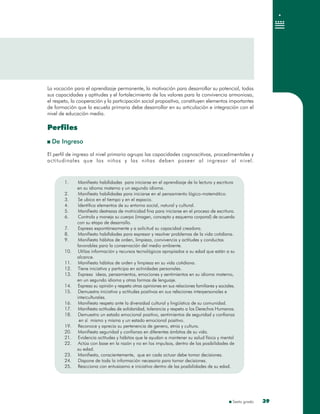 Sexto grado
La vocación para el aprendizaje permanente, la motivación para desarrollar su potencial, todas
sus capacidades y aptitudes y el fortalecimiento de los valores para la convivencia armoniosa,
el respeto, la cooperación y la participación social propositiva, constituyen elementos importantes
de formación que la escuela primaria debe desarrollar en su articulación e integración con el
nivel de educación media.
Perfiles
De Ingreso
El perfil de ingreso al nivel primario agrupa las capacidades cognoscitivas, procedimentales y
actitudinales que los niños y las niñas deben poseer al ingresar al nivel.
La vocación para el aprendizaje permanente, la motivación para desarrollar su potencial, todas
sus capacidades y aptitudes y el fortalecimiento de los valores para la convivencia armoniosa,
el respeto, la cooperación y la participación social propositiva, constituyen elementos importantes
de formación que la escuela primaria debe desarrollar en su articulación e integración con el
nivel de educación media.
Perfiles
De Ingreso
El perfil de ingreso al nivel primario agrupa las capacidades cognoscitivas, procedimentales y
actitudinales que los niños y las niñas deben poseer al ingresar al nivel.
1. Manifiesta habilidades para iniciarse en el aprendizaje de la lectura y escritura
en su idioma materno y un segundo idioma.
2. Manifiesta habilidades para iniciarse en el pensamiento lógico-matemático.
3. Se ubica en el tiempo y en el espacio.
4. Identifica elementos de su entorno social, natural y cultural.
5. Manifiesta destrezas de motricidad fina para iniciarse en el proceso de escritura.
6. Controla y maneja su cuerpo (imagen, concepto y esquema corporal) de acuerdo
con su etapa de desarrollo.
7. Expresa espontáneamente y a solicitud su capacidad creadora.
8. Manifiesta habilidades para expresar y resolver problemas de la vida cotidiana.
9. Manifiesta hábitos de orden, limpieza, convivencia y actitudes y conductas
favorables para la conservación del medio ambiente.
10. Utiliza información y recursos tecnológicos apropiados a su edad que están a su
alcance.
11. Manifiesta hábitos de orden y limpieza en su vida cotidiana.
12. Tiene iniciativa y participa en actividades personales.
13. Expresa ideas, pensamientos, emociones y sentimientos en su idioma materno,
en un segundo idioma y otras formas de lenguaje.
14. Expresa su opinión y respeta otras opiniones en sus relaciones familiares y sociales.
15. Demuestra iniciativa y actitudes positivas en sus relaciones interpersonales e
interculturales.
16. Manifiesta respeto ante la diversidad cultural y lingüística de su comunidad.
17. Manifiesta actitudes de solidaridad, tolerancia y respeto a los Derechos Humanos.
18. Demuestra un estado emocional positivo, sentimientos de seguridad y confianza
en sí mismo y misma y un estado emocional positivo.
19. Reconoce y aprecia su pertenencia de genero, etnia y cultura.
20. Manifiesta seguridad y confianza en diferentes ámbitos de su vida.
21. Evidencia actitudes y hábitos que le ayudan a mantener su salud física y mental
22. Actúa con base en la razón y no en los impulsos, dentro de las posibilidades de
su edad.
23. Manifiesta, conscientemente, que en cada actuar debe tomar decisiones.
24. Dispone de toda la información necesaria para tomar decisiones.
25. Reacciona con entusiasmo e iniciativa dentro de las posibilidades de su edad.
3939
 