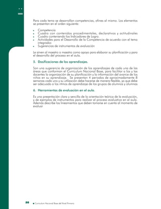 5050
Para cada tema se desarrollan competencias, afines al mismo. Los elementos
se presentan en el orden siguiente:
Competencia
Cuadro con contenidos procedimentales, declarativos y actitudinales
Cuadro conteniendo los Indicadores de Logro.
Actividades para el Desarrollo de la Competencia de acuerdo con el tema
integrador.
Sugerencias de instrumentos de evaluación
Le sirven al maestro o maestra como apoyo para elaborar su planificación y para
el desarrollo del proceso en el aula.
5. Dosificaciones de los aprendizajes.
Son una sugerencia de organización de los aprendizajes de cada una de las
áreas que conforman el Curriculum Nacional Base, para facilitar a los y las
docentes la organización de su planificación y la información del avance de los
niños en su aprendizaje. Se presentan 4 periodos de aproximadamente 8
semanas cada uno y su utilización debe hacerse de manera flexible, ya que debe
ser adecuada a los ritmos de aprendizaje de los grupos de alumnos y alumnas
6. Herramientas de evaluación en el aula.
Es una presentación clara y sencilla de la orientación teórica de la evaluación,
y de ejemplos de instrumentos para realizar el proceso evaluativo en el aula.
Además describe los lineamientos que deben tomarse en cuenta al momento de
evaluar
 