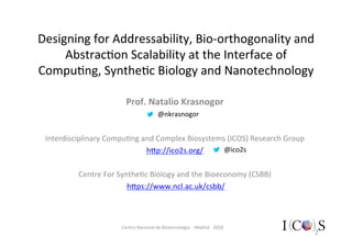 Designing	for	Addressability,	Bio-orthogonality	and	
Abstrac7on	Scalability	at	the	Interface	of	
Compu7ng,	Synthe7c	Biology	and	Nanotechnology	
Prof.	Natalio	Krasnogor	
	
	
Interdisciplinary	Compu7ng	and	Complex	Biosystems	(ICOS)	Research	Group		
hEp://ico2s.org/		
	
Centre	For	Synthe7c	Biology	and	the	Bioeconomy	(CSBB)	
	hEps://www.ncl.ac.uk/csbb/		
Centro	Nacional	de	Biotecnologia	–	Madrid	-	2018	
@ico2s	
@nkrasnogor	
 