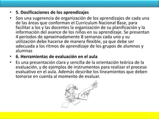 • 5. Dosificaciones de los aprendizajes
• Son una sugerencia de organización de los aprendizajes de cada una
de las áreas que conforman el Curriculum Nacional Base, para
facilitar a los y las docentes la organización de su planificación y la
información del avance de los niños en su aprendizaje. Se presentan
4 periodos de aproximadamente 8 semanas cada uno y su
utilización debe hacerse de manera flexible, ya que debe ser
adecuada a los ritmos de aprendizaje de los grupos de alumnos y
alumnas
• 6. Herramientas de evaluación en el aula
• Es una presentación clara y sencilla de la orientación teórica de la
evaluación, y de ejemplos de instrumentos para realizar el proceso
evaluativo en el aula. Además describe los lineamientos que deben
tomarse en cuenta al momento de evaluar.
 