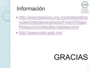  Informaciónhttp://www.banxico.org.mx/sistemafinanciero/inforgeneral/autorFinanYOrganProtecc/ComNacBanValores.htmlhttp://www.cnbv.gob.mx/GRACIAS14