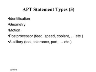03/30/15
APT Statement Types (5)
•Identification
•Geometry
•Motion
•Postprocessor (feed, speed, coolant, … etc.)
•Auxiliary (tool, tolerance, part, … etc.)
 