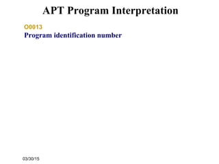 03/30/15
APT Program Interpretation
O0013
Program identification number
 
