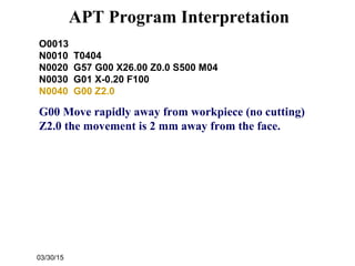 03/30/15
O0013
N0010 T0404
N0020 G57 G00 X26.00 Z0.0 S500 M04
N0030 G01 X-0.20 F100
N0040 G00 Z2.0
G00 Move rapidly away from workpiece (no cutting)
Z2.0 the movement is 2 mm away from the face.
APT Program Interpretation
 