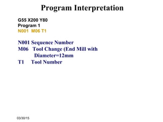 03/30/15
Program Interpretation
G55 X200 Y80
Program 1
N001 M06 T1
N001 Sequence Number
M06 Tool Change (End Mill with
Diameter=12mm
T1 Tool Number
 