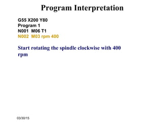 03/30/15
Program Interpretation
G55 X200 Y80
Program 1
N001 M06 T1
N002 M03 rpm 400
Start rotating the spindle clockwise with 400
rpm
 