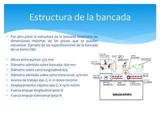 Estructura de la bancada
 Por otra parte la estructura de la bancada determina las
  dimensiones máximas de las piezas que se puedan
  mecanizar. Ejemplo de las especificaciones de la bancada
  de un torno CNC:

   Altura entre puntos: 375 mm
   Diámetro admitido sobre bancada: 760 mm
   Diámetro sobre carro longitudinal 675
   Diámetro admitido sobre carro transversal. 470 mm
   Avance de trabajo ejes Z, X. 0-10000 mm/min
   Desplazamientos rápidos ejes Z, X 15/10 m/min
   Fuerza empuje longitudinal 9050 N
   Fuerza empuje transversal 9050 N
 