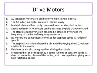 Drive Motors
1.
2.
3.
4.
5.
6.
7.
8.
9.

AC induction motors are used to drive main spindle directly
The AC induction motor are more reliable, easily
Maintainable and less costly compared to other electrical motors
Speed variation in AC motors can be obtained by pole change method
The step-less speed variation can also be obtained by varying the
frequency of the help of frequency converters
DC motors are being extensively used for step less speed variation of
spindle
The step-less variation of speed is obtained by varying the D.C. voltage
applied to the motor
Fluid motor are also being used for driving the spindle
Pressurized oil or air supplier by a pump running at constant speed is
directed on to the blades of the motor, which are capable of giving very
high rotational speed

37

 