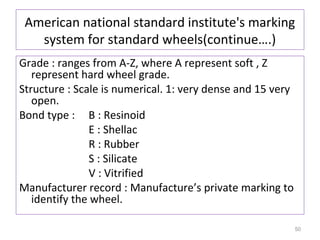 American national standard institute's marking
system for standard wheels(continue….)
Grade : ranges from A-Z, where A represent soft , Z
represent hard wheel grade.
Structure : Scale is numerical. 1: very dense and 15 very
open.
Bond type : B : Resinoid
E : Shellac
R : Rubber
S : Silicate
V : Vitrified
Manufacturer record : Manufacture’s private marking to
identify the wheel.
50

 