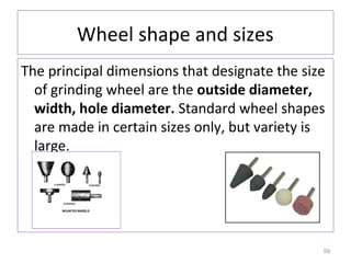 Wheel shape and sizes
The principal dimensions that designate the size
of grinding wheel are the outside diameter,
width, hole diameter. Standard wheel shapes
are made in certain sizes only, but variety is
large.

59

 