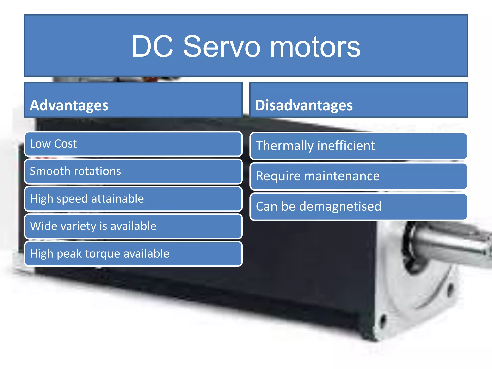 Advantages
Low Cost
Smooth rotations
High speed attainable
Wide variety is available
High peak torque available
Disadvantages
Thermally inefficient
Require maintenance
Can be demagnetised
DC Servo motors
 