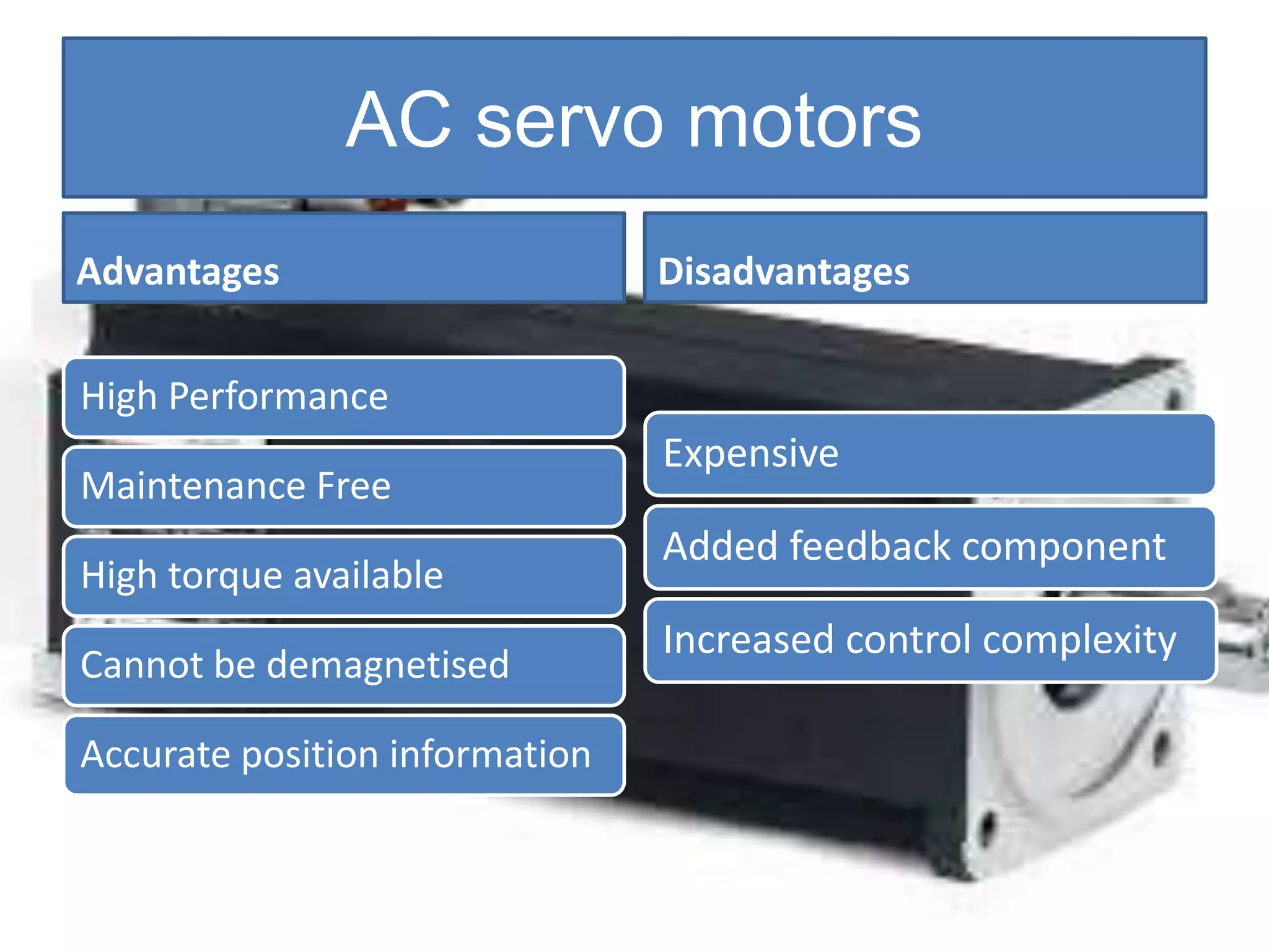AC servo motors
Advantages
High Performance
Maintenance Free
High torque available
Cannot be demagnetised
Accurate position information
Disadvantages
Expensive
Added feedback component
Increased control complexity
 