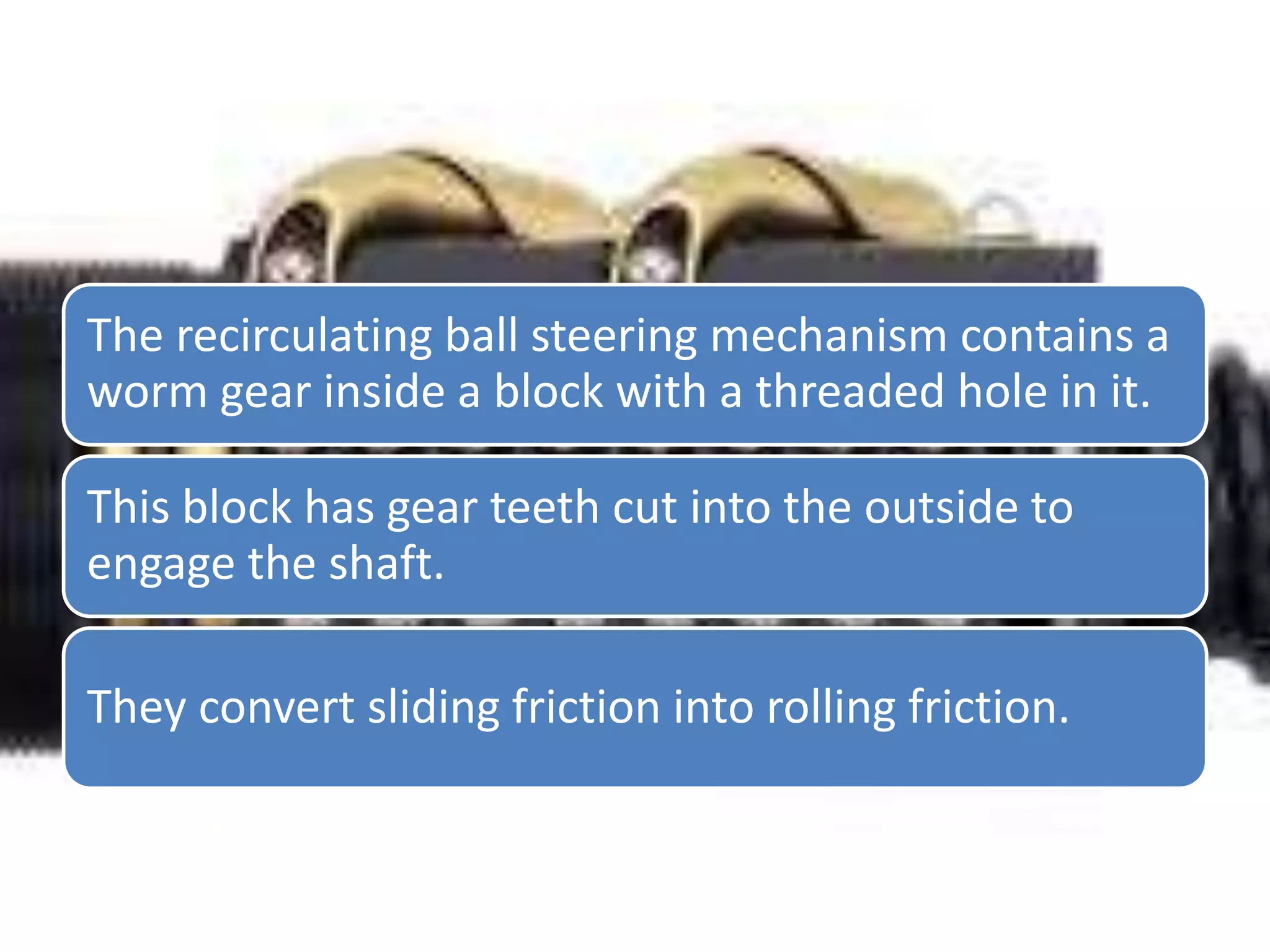 The recirculating ball steering mechanism contains a
worm gear inside a block with a threaded hole in it.
This block has gear teeth cut into the outside to
engage the shaft.
They convert sliding friction into rolling friction.
 