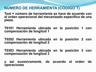 NÚMERO DE HERRAMIENTA (CÓDIGO T)
Tool = número de herramienta se hace de acuerdo con
el orden operacional del mecanizado específico de una
pieza.
T0101 Herramienta ubicada en la posición 1 con
compensación de longitud 1
T0202 Herramienta ubicada en la posición 2 con
compensación de longitud 2
T0303 Herramienta ubicada en la posición 3 con
compensación de longitud 3
y así sucesivamente, de acuerdo al orden de
operaciones
 