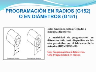 PROGRAMACIÓN EN RADIOS (G152)
O EN DIÁMETROS (G151)
Estas funciones están orientadas a
máquinas tipo torno.
La modalidad de programación en
diámetros sólo está disponible en los
ejes permitidos por el fabricante de la
máquina (DIAMPROG=SI).
G151 Programación en diámetros.
G152 Programación en radios.
 