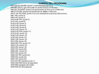 CUERPO DEL PROGRAMA
N30 G00 X0 Y20 Z50; (punto 1 y zona de seguridad en z)
N40 M03 S5012; (giro del husillo en sentido horario a 5120 rpm)
N50 G01 Z5 S5000; (avance de aproximación de 5mm en Z a 5000 rpm)
N60 Z-3 S1000; (avance de penetración de -3mm a 1000 rpm)
N70 X -20 Y40 F200; (punto 2 con una velocidad de avance de 200 mm/min)
N80 Y60; (punto 3)
N90 X-40; (punto 4)
N100 X-60 Y40; (punto 5)
N110 Y20; (punto 6)
N120 X-50; (punto 7)
N130 Y-20; (punto 8)
N140 X-60; (punto 9)
N150 Y-50; (punto 10)
N160 X-50 Y-60; (punto 11)
N170 X-20; (punto 12)
N180 Y-40; (punto 13)
N190 X20; (punto 14)
N200 Y-60; (punto 15)
N210 X50; (punto 16)
N220 X60 Y-50; (punto 17)
N230 Y-20; (punto 18)
N240 X50; (punto 19)
N250 Y20; (punto 20)
N260 X60 ; (punto 21)
N270 Y40; (punto 22)
N280 X40 Y60; (punto 23)
N290 X20; (punto 24)
N300 Y40; (punto 25)
N310 X0 Y20; (regresar punto 1)
N320 G00 Z250 (zona de seguridad)
N330 M05 (apagado del husillo)
N340 M30 (fin del programa)
 
