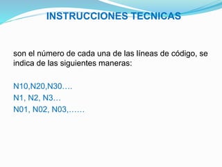 INSTRUCCIONES TECNICAS
son el número de cada una de las líneas de código, se
indica de las siguientes maneras:
N10,N20,N30….
N1, N2, N3…
N01, N02, N03,……
 