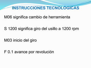 INSTRUCCIONES TECNOLÓGICAS
M06 significa cambio de herramienta
S 1200 significa giro del usillo a 1200 rpm
M03 inicio del giro
F 0.1 avance por revolución
 