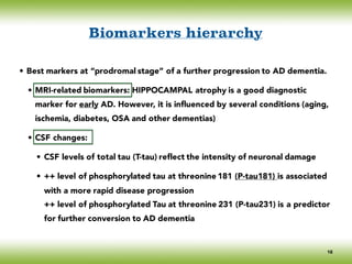 Biomarkers hierarchy
• Best markers at “prodromal stage” of a further progression to AD dementia.
• MRI-related biomarkers: HIPPOCAMPAL atrophy is a good diagnostic
marker for early AD. However, it is influenced by several conditions (aging,
ischemia, diabetes, OSA and other dementias)
• CSF changes:
• CSF levels of total tau (T-tau) reflect the intensity of neuronal damage
• ++ level of phosphorylated tau at threonine 181 (P-tau181) is associated
with a more rapid disease progression
++ level of phosphorylated Tau at threonine 231 (P-tau231) is a predictor
for further conversion to AD dementia
16
 