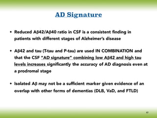 AD Signature
• Reduced Aβ42/Aβ40 ratio in CSF is a consistent finding in
patients with different stages of Alzheimer’s disease
• Aβ42 and tau (T-tau and P-tau) are used IN COMBINATION and
that the CSF “AD signature” combining low Aβ42 and high tau
levels increases significantly the accuracy of AD diagnosis even at
a prodromal stage
• Isolated Aβ may not be a sufficient marker given evidence of an
overlap with other forms of dementias (DLB, VaD, and FTLD)
17
 