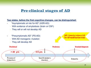 Pre-clinical stages of AD
Two states, before the first cognitive changes, can be distinguished:
• “Asymptomatic at risk for AD” (ASR-AD):
• With evidence of amyloidosis (brain or CSF)
• They will or will not develop AD
• “Presymptomatic AD” (PS-AD):
• With AD monogenic mutation
• They will develop AD
> 20 yrs 3-5 yrs
Dementia
Presence of
biomarkers
Specific memory
disorders
21
Preclinical Prodroma Standard diagnosis
MCI + biomarker evidence of AD
For AD-modification trials
 
