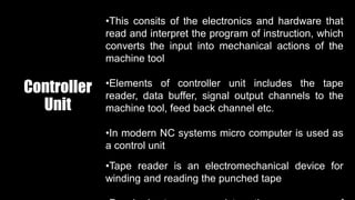 Controller
Unit
•This consits of the electronics and hardware that
read and interpret the program of instruction, which
converts the input into mechanical actions of the
machine tool
•Elements of controller unit includes the tape
reader, data buffer, signal output channels to the
machine tool, feed back channel etc.
•In modern NC systems micro computer is used as
a control unit
•Tape reader is an electromechanical device for
winding and reading the punched tape
 