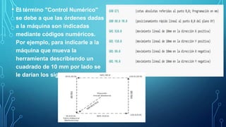 • El término "Control Numérico"
se debe a que las órdenes dadas
a la máquina son indicadas
mediante códigos numéricos.
Por ejemplo, para indicarle a la
máquina que mueva la
herramienta describiendo un
cuadrado de 10 mm por lado se
le darían los siguientes códigos:
 