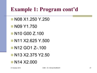 Example 1: Program cont’d
 N08 X1.250 Y.250
 N09 Y1.750
 N10 G00 Z.100
 N11 X2.625 Y.500
 N12 GO1 Z-.100
 N13 X2.375 Y2.50
 N14 X2.000
31 October 2015 CAM -- Dr. Ahmad ALMALEH 21
 