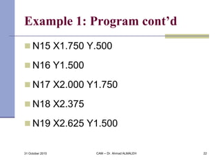 Example 1: Program cont’d
 N15 X1.750 Y.500
 N16 Y1.500
 N17 X2.000 Y1.750
 N18 X2.375
 N19 X2.625 Y1.500
31 October 2015 CAM -- Dr. Ahmad ALMALEH 22
 