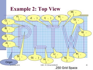 Example 2: Top View
Origin
A( ,
)
E( ,
)
D( ,
)
C( ,
)
B( ,
)
I( , )
H( ,
)
G( , )
F( ,
)
.250 Grid Space
L( ,
)
K( ,
)
J( , )
P( ,
)
O( ,
)
N( ,
)
M( ,
)
Q( ,
)
31 October 2015 CAM -- Dr. Ahmad ALMALEH 26
 