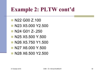 Example 2: PLTW cont’d
 N22 G00 Z.100
 N23 X5.000 Y2.500
 N24 G01 Z-.250
 N25 X5.500 Y.500
 N26 X5.750 Y1.500
 N27 X6.000 Y.500
 N28 X6.500 Y2.500
31 October 2015 CAM -- Dr. Ahmad ALMALEH 30
 