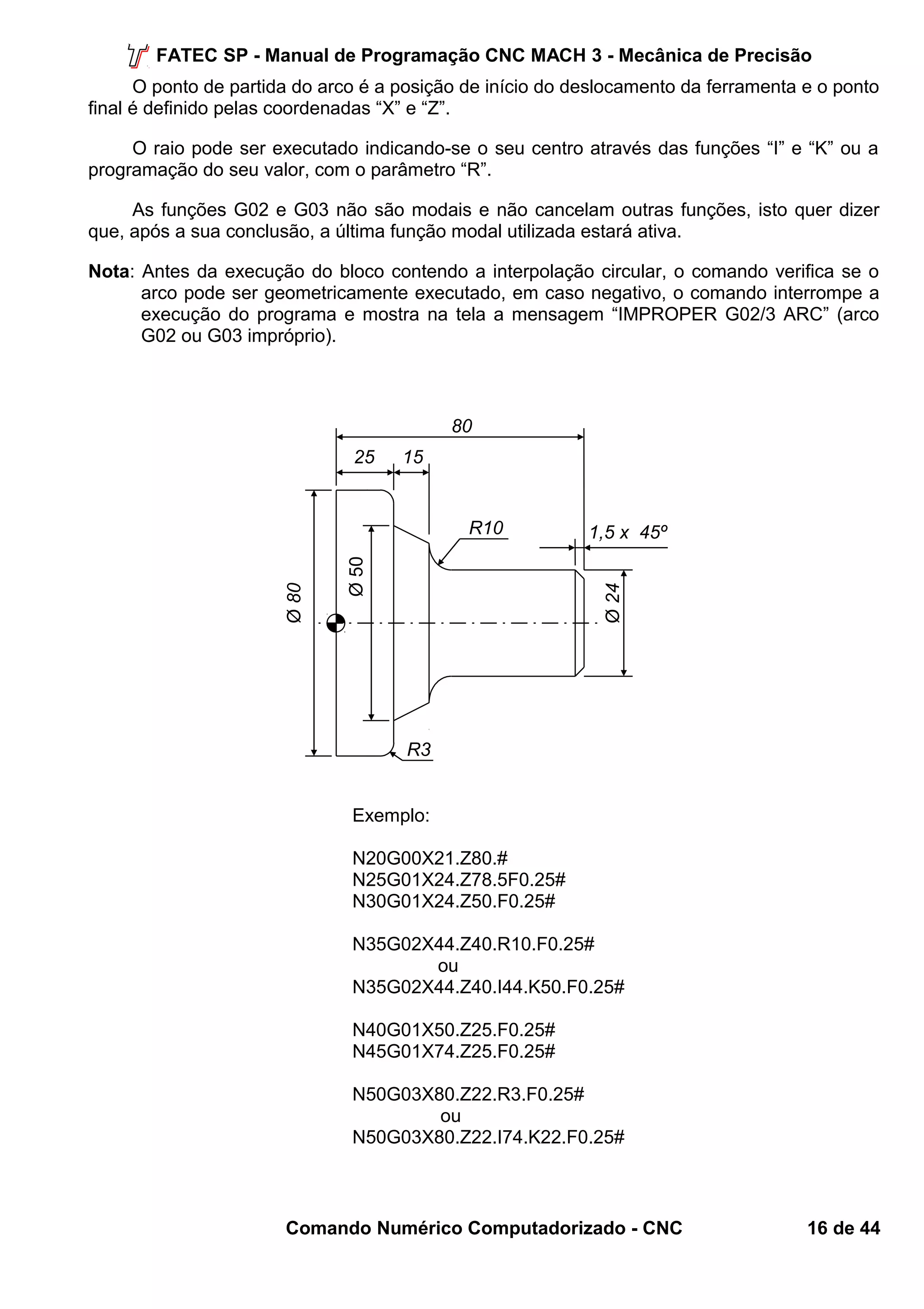 FATEC SP - Manual de Programação CNC MACH 3 - Mecânica de Precisão 
O ponto de partida do arco é a posição de início do deslocamento da ferramenta e o ponto 
final é definido pelas coordenadas “X” e “Z”. 
O raio pode ser executado indicando-se o seu centro através das funções “I” e “K” ou a 
programação do seu valor, com o parâmetro “R”. 
As funções G02 e G03 não são modais e não cancelam outras funções, isto quer dizer 
que, após a sua conclusão, a última função modal utilizada estará ativa. 
Nota: Antes da execução do bloco contendo a interpolação circular, o comando verifica se o 
arco pode ser geometricamente executado, em caso negativo, o comando interrompe a 
execução do programa e mostra na tela a mensagem “IMPROPER G02/3 ARC” (arco 
G02 ou G03 impróprio). 
25 15 
Ø 50 
80 
R10 
1,5 x 45º 
R3 
Exemplo: 
N20G00X21.Z80.# 
N25G01X24.Z78.5F0.25# 
N30G01X24.Z50.F0.25# 
N35G02X44.Z40.R10.F0.25# 
ou 
Ø 24 
N35G02X44.Z40.I44.K50.F0.25# 
N40G01X50.Z25.F0.25# 
N45G01X74.Z25.F0.25# 
N50G03X80.Z22.R3.F0.25# 
ou 
N50G03X80.Z22.I74.K22.F0.25# 
Ø 80 
Comando Numérico Computadorizado - CNC 16 de 44 
 