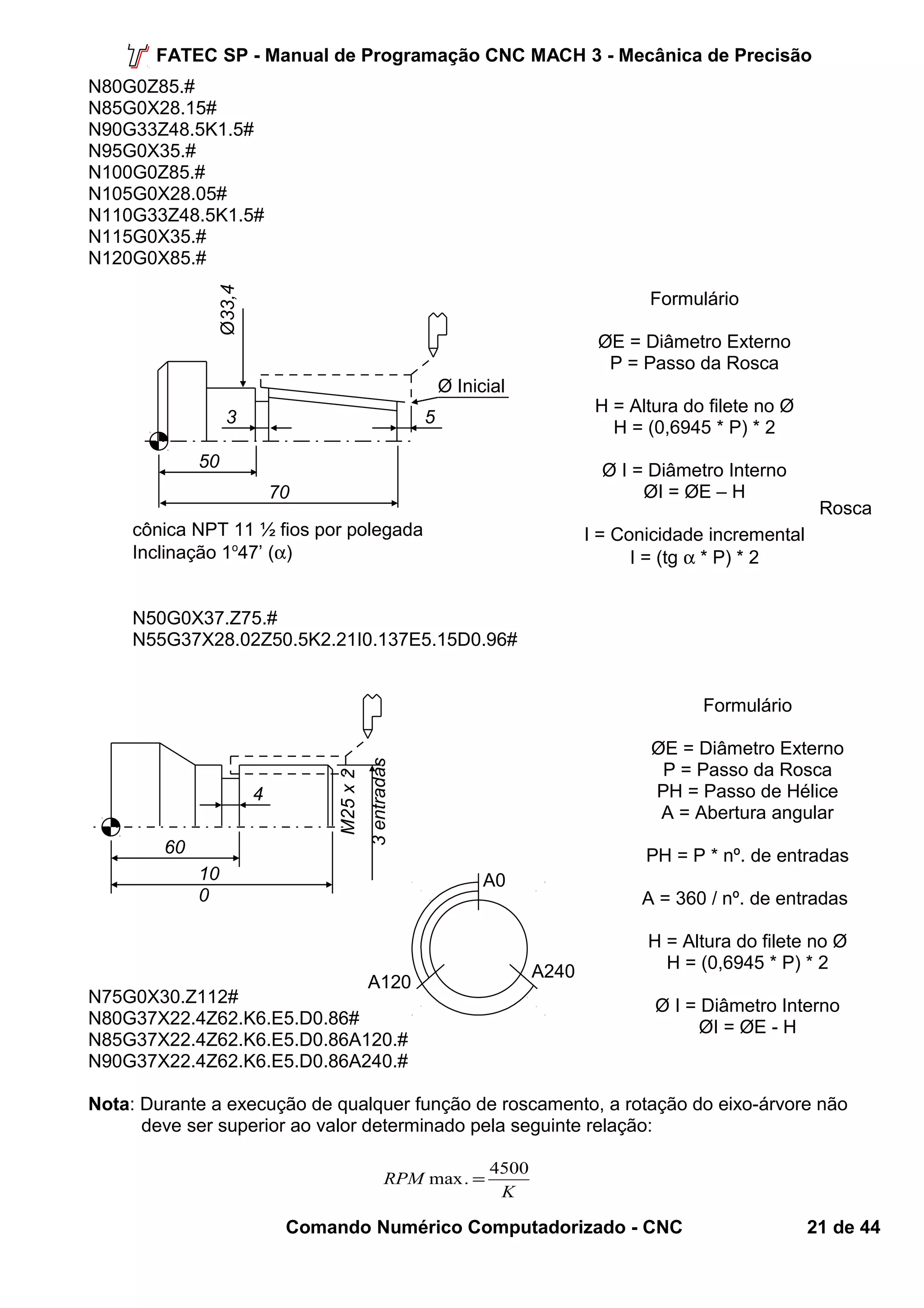 FATEC SP - Manual de Programação CNC MACH 3 - Mecânica de Precisão 
N80G0Z85.# 
N85G0X28.15# 
N90G33Z48.5K1.5# 
N95G0X35.# 
N100G0Z85.# 
N105G0X28.05# 
N110G33Z48.5K1.5# 
N115G0X35.# 
N120G0X85.# 
Rosca 
cônica NPT 11 ½ fios por polegada 
Inclinação 1o47’ (a) 
N50G0X37.Z75.# 
N55G37X28.02Z50.5K2.21I0.137E5.15D0.96# 
Formulário 
ØE = Diâmetro Externo 
P = Passo da Rosca 
H = Altura do filete no Ø 
H = (0,6945 * P) * 2 
Ø I = Diâmetro Interno 
ØI = ØE – H 
I = Conicidade incremental 
I = (tg a * P) * 2 
A0 
N75G0X30.Z112# 
N80G37X22.4Z62.K6.E5.D0.86# 
N85G37X22.4Z62.K6.E5.D0.86A120.# 
N90G37X22.4Z62.K6.E5.D0.86A240.# 
Nota: Durante a execução de qualquer função de roscamento, a rotação do eixo-árvore não 
deve ser superior ao valor determinado pela seguinte relação: 
RPM max. = 4500 
K 
Comando Numérico Computadorizado - CNC 21 de 44 
60 
10 
0 
4 
M25 x 2 
3 entradas 
Formulário 
ØE = Diâmetro Externo 
P = Passo da Rosca 
PH = Passo de Hélice 
A = Abertura angular 
PH = P * nº. de entradas 
A = 360 / nº. de entradas 
H = Altura do filete no Ø 
H = (0,6945 * P) * 2 
Ø I = Diâmetro Interno 
ØI = ØE - H 
5 
50 
70 
3 
Ø Inicial 
Ø33,4 
A120 A240 
 
