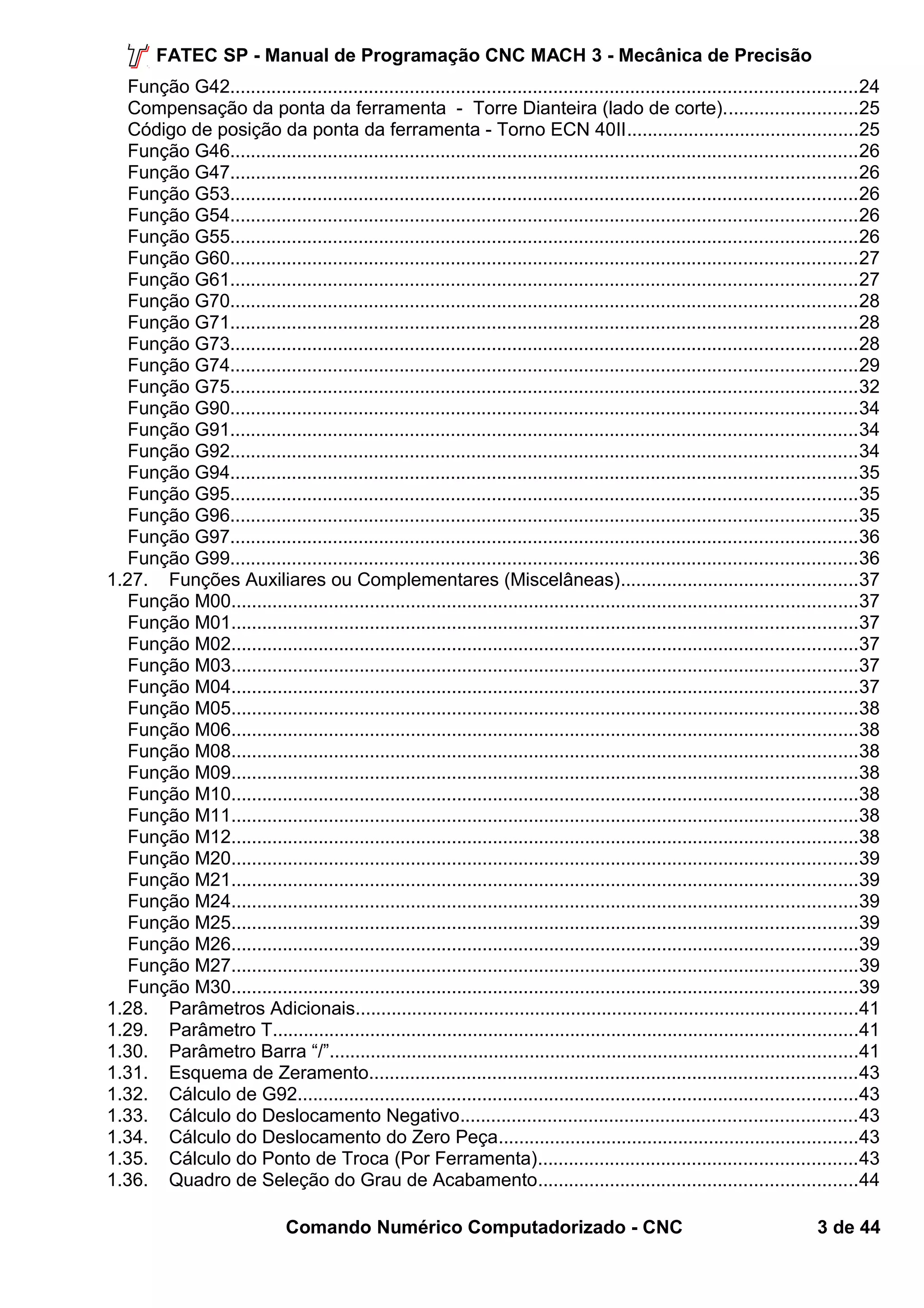 FATEC SP - Manual de Programação CNC MACH 3 - Mecânica de Precisão 
Função G42..........................................................................................................................24 
Compensação da ponta da ferramenta - Torre Dianteira (lado de corte)..........................25 
Código de posição da ponta da ferramenta - Torno ECN 40II.............................................25 
Função G46..........................................................................................................................26 
Função G47..........................................................................................................................26 
Função G53..........................................................................................................................26 
Função G54..........................................................................................................................26 
Função G55..........................................................................................................................26 
Função G60..........................................................................................................................27 
Função G61..........................................................................................................................27 
Função G70..........................................................................................................................28 
Função G71..........................................................................................................................28 
Função G73..........................................................................................................................28 
Função G74..........................................................................................................................29 
Função G75..........................................................................................................................32 
Função G90..........................................................................................................................34 
Função G91..........................................................................................................................34 
Função G92..........................................................................................................................34 
Função G94..........................................................................................................................35 
Função G95..........................................................................................................................35 
Função G96..........................................................................................................................35 
Função G97..........................................................................................................................36 
Função G99..........................................................................................................................36 
1.27. Funções Auxiliares ou Complementares (Miscelâneas)..............................................37 
Função M00..........................................................................................................................37 
Função M01..........................................................................................................................37 
Função M02..........................................................................................................................37 
Função M03..........................................................................................................................37 
Função M04..........................................................................................................................37 
Função M05..........................................................................................................................38 
Função M06..........................................................................................................................38 
Função M08..........................................................................................................................38 
Função M09..........................................................................................................................38 
Função M10..........................................................................................................................38 
Função M11..........................................................................................................................38 
Função M12..........................................................................................................................38 
Função M20..........................................................................................................................39 
Função M21..........................................................................................................................39 
Função M24..........................................................................................................................39 
Função M25..........................................................................................................................39 
Função M26..........................................................................................................................39 
Função M27..........................................................................................................................39 
Função M30..........................................................................................................................39 
1.28. Parâmetros Adicionais..................................................................................................41 
1.29. Parâmetro T..................................................................................................................41 
1.30. Parâmetro Barra “/”.......................................................................................................41 
1.31. Esquema de Zeramento...............................................................................................43 
1.32. Cálculo de G92.............................................................................................................43 
1.33. Cálculo do Deslocamento Negativo.............................................................................43 
1.34. Cálculo do Deslocamento do Zero Peça......................................................................43 
1.35. Cálculo do Ponto de Troca (Por Ferramenta)..............................................................43 
1.36. Quadro de Seleção do Grau de Acabamento..............................................................44 
Comando Numérico Computadorizado - CNC 3 de 44 
 