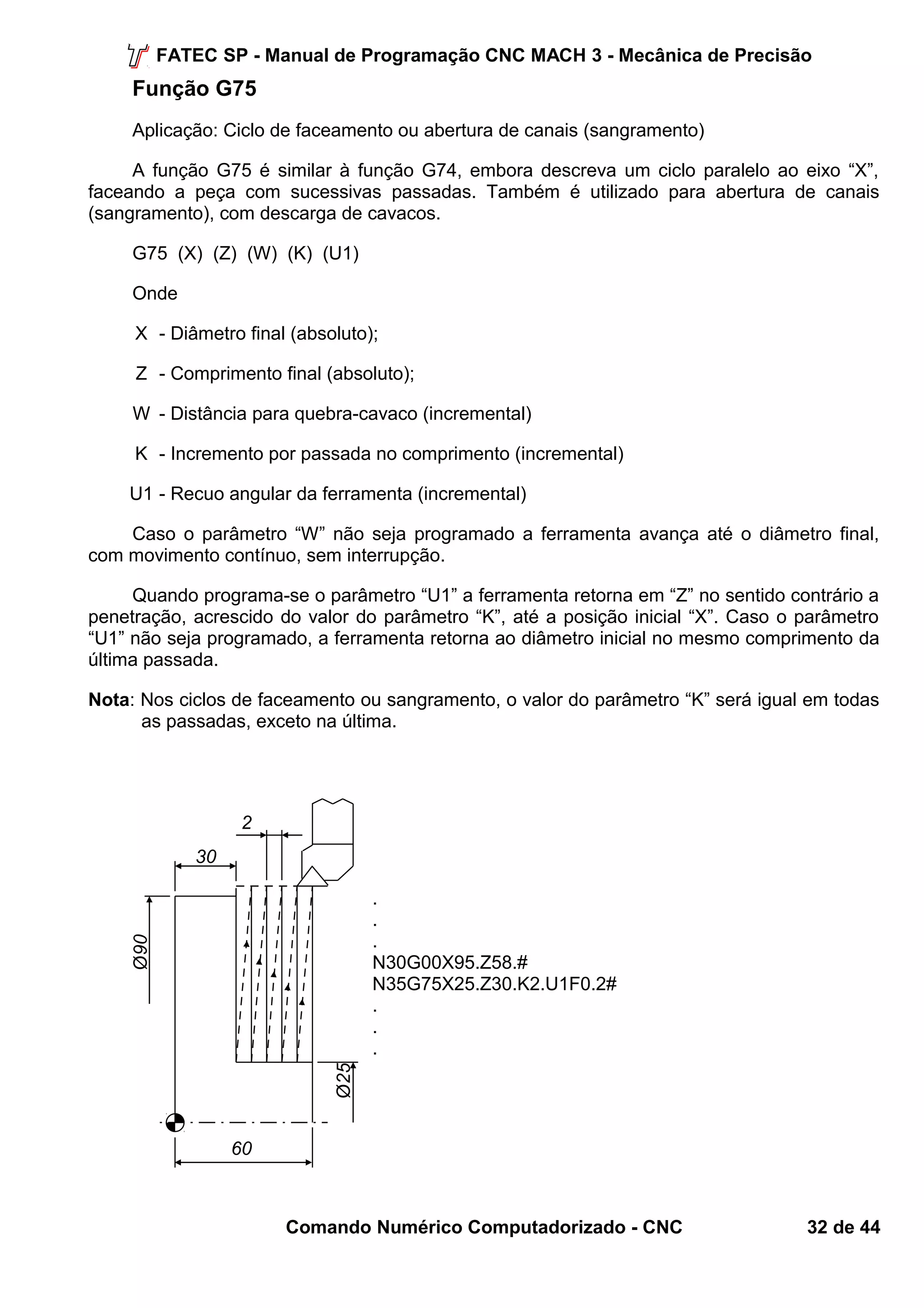 FATEC SP - Manual de Programação CNC MACH 3 - Mecânica de Precisão 
Função G75 
Aplicação: Ciclo de faceamento ou abertura de canais (sangramento) 
A função G75 é similar à função G74, embora descreva um ciclo paralelo ao eixo “X”, 
faceando a peça com sucessivas passadas. Também é utilizado para abertura de canais 
(sangramento), com descarga de cavacos. 
G75 (X) (Z) (W) (K) (U1) 
Onde 
X - Diâmetro final (absoluto); 
Z - Comprimento final (absoluto); 
W - Distância para quebra-cavaco (incremental) 
K - Incremento por passada no comprimento (incremental) 
U1 - Recuo angular da ferramenta (incremental) 
Caso o parâmetro “W” não seja programado a ferramenta avança até o diâmetro final, 
com movimento contínuo, sem interrupção. 
Quando programa-se o parâmetro “U1” a ferramenta retorna em “Z” no sentido contrário a 
penetração, acrescido do valor do parâmetro “K”, até a posição inicial “X”. Caso o parâmetro 
“U1” não seja programado, a ferramenta retorna ao diâmetro inicial no mesmo comprimento da 
última passada. 
Nota: Nos ciclos de faceamento ou sangramento, o valor do parâmetro “K” será igual em todas 
as passadas, exceto na última. 
... 
N30G00X95.Z58.# 
N35G75X25.Z30.K2.U1F0.2# 
... 
Ø25 
Comando Numérico Computadorizado - CNC 32 de 44 
Ø90 
30 
2 
60 
 
